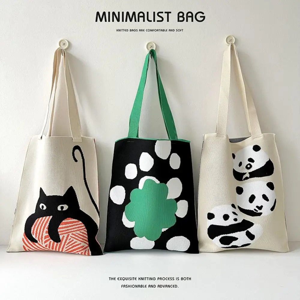 

Reusable Handmade Knit Handbag Gift Large Capacity Polyester Shoulder Bags Panda Tote Bags