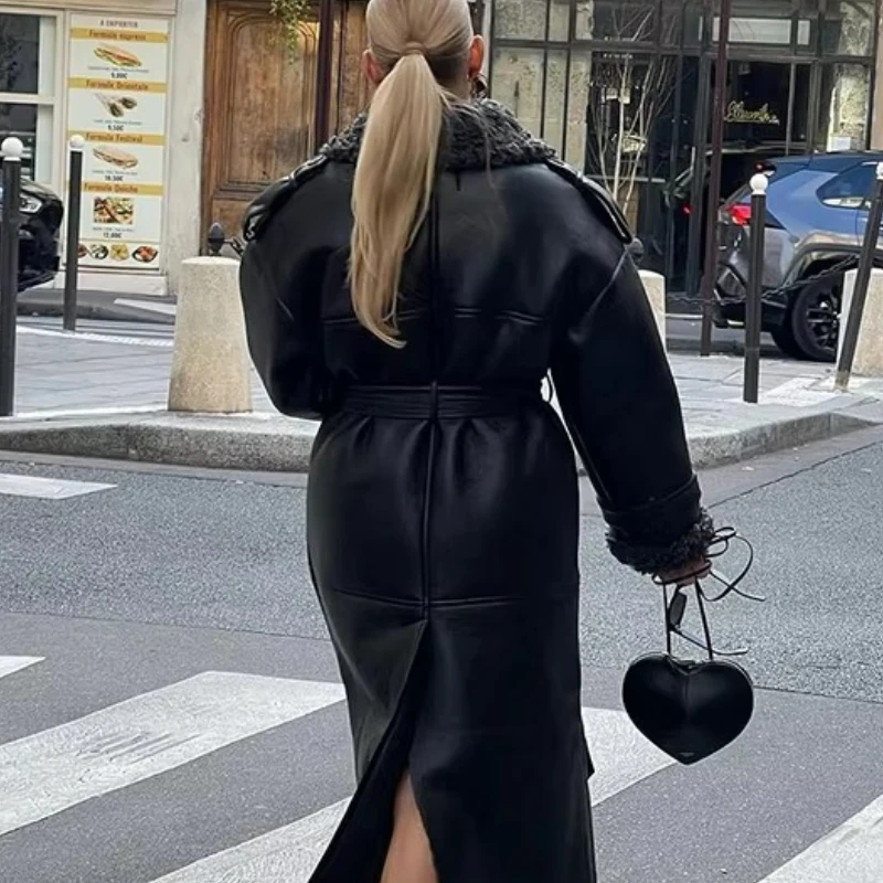 Faux Fur Leather Long Jacket Women Lapel 5