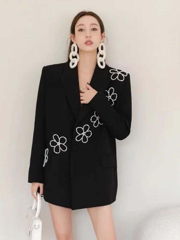 

UNXX Fashion Women Blazer Notched Collar Loose Embroidered Flares Flower Pearls Black Suit Jackets Spring 2023 New Cotton Coats