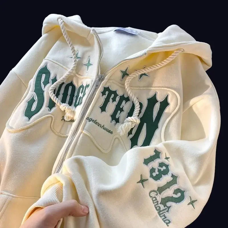 

Personalized Design Letter Patch Embroidery High Quality Hooded Zipper Cardigan Hoodies Women 2023 Winter Loose Casual Hoodies