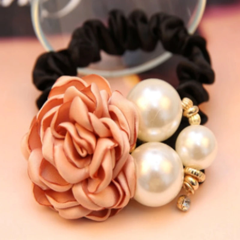 Elegant Pearl Rose Flower Camellia Hair Scrunchie Accessory