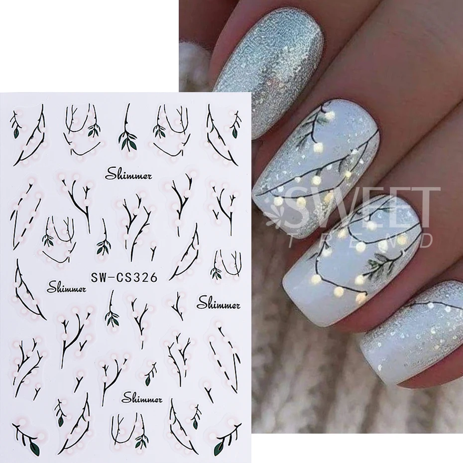 2pcs Christmas Nail Stickers Self-Adhesive Blue Xmas Tree Light Ball Bow Gift Nail Decals Sliders New Year Manicure Decoration