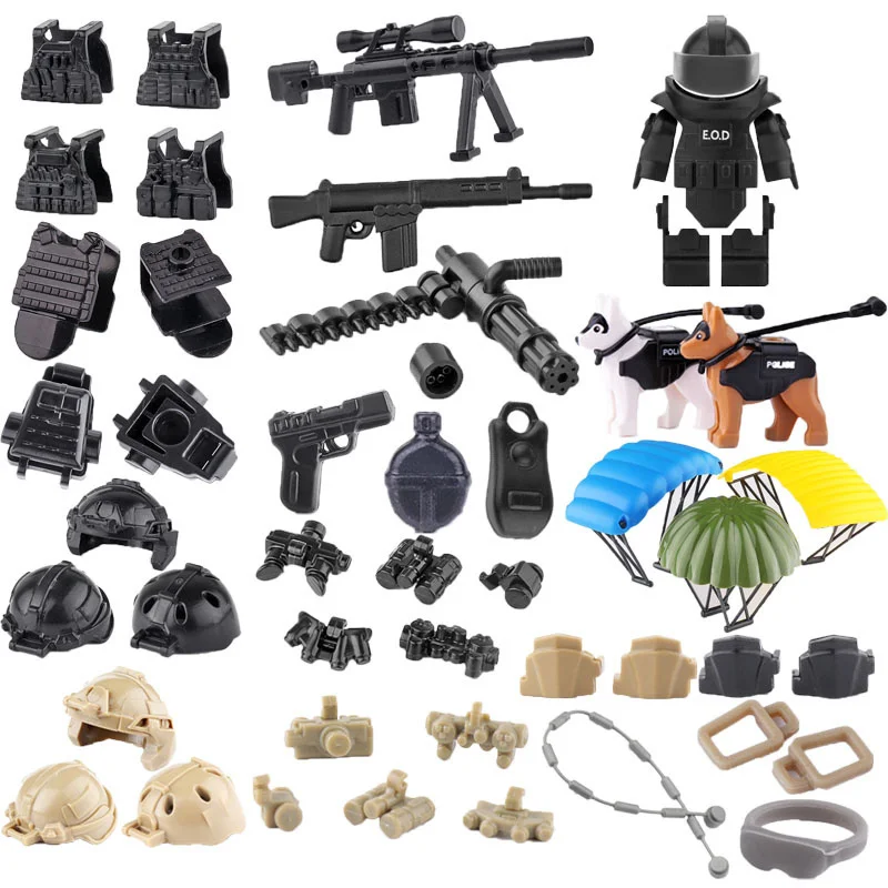 

Конструктор «Спецназ», военные фигурки, оружие гэтлинга, пистолет, жилет, запчасти для полиции, собак, кирпичи