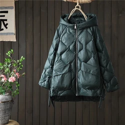 2024 Korean Fashion Winter Hooded Thick Down Jacket Women's Loose Long Sleeve Warm Light White Duck down Casual Jacket Female