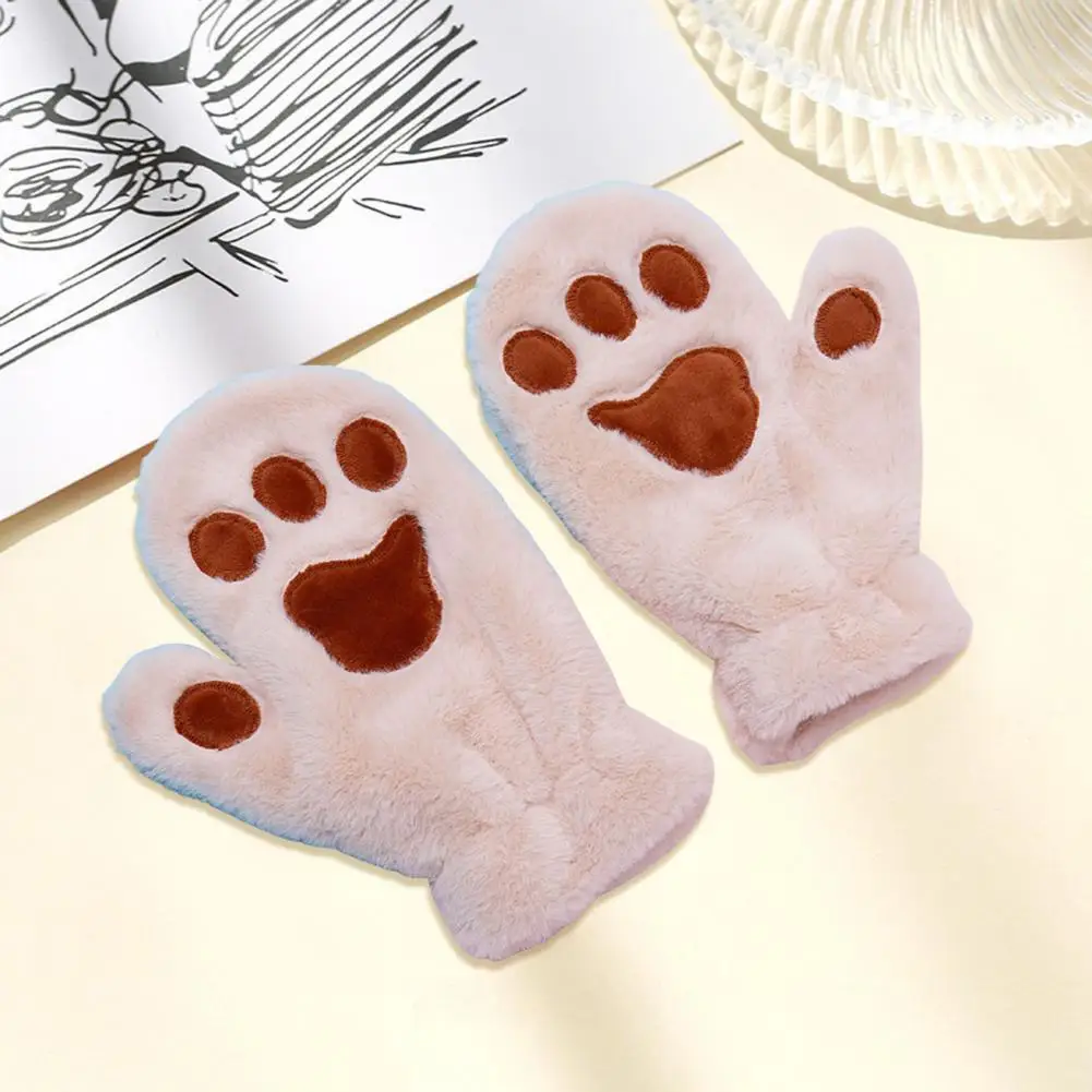 Student Gloves Warm Cozy Cartoon Cat Paw Mittens for Women Thick Plush Winter Gloves with Anti-slip Grip for Skiing Cycling Cat