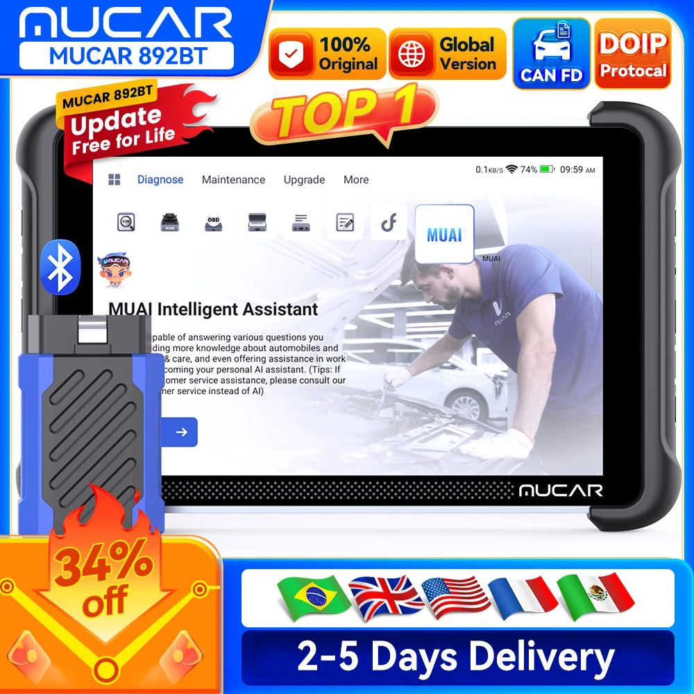 MUCAR 892BT AI Assisted obd2 Diagnostic Tool CAN FD/DOIP OBD 2 Scanner All  System 35 Resets ECU Coding Lifetime Free Update - AliExpress