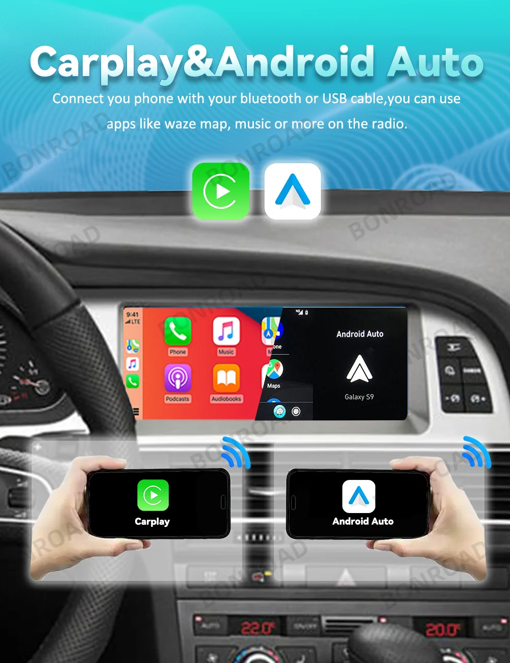 BONROAD 8,9 Zoll Autoradio Multimedia-Player Touchscreen für Audi A6 C6 4F 2005-2015 MMI2G MMI3G mit Wireless CarPlay Android Auto Airplay – Detail 1