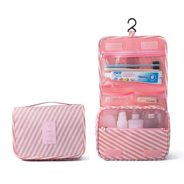 Nylon Hook Up Cosmetic Bag Women Travel Toiletries Storage Bag High Quality Waterproof Makeup Pouch Ladies Make-up Beauty Bag Pink stripes