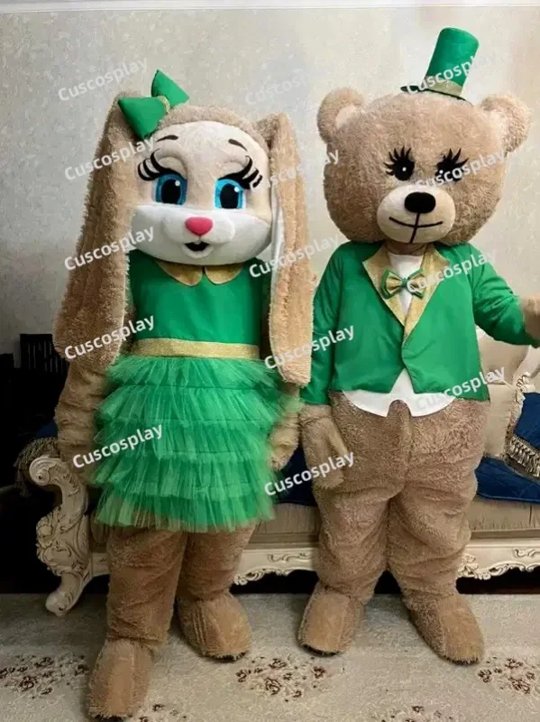 

Green Dress Brown Easter Bunny Mascot Costume Bear Character Amusement Parkfunfair Animation Fancy Dress Rabbit Halloween Party