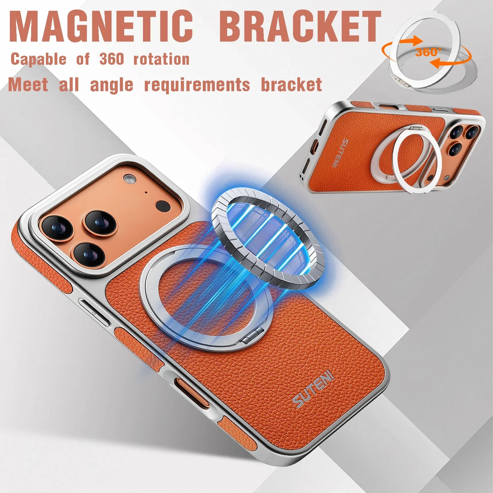 Sleek Leather Magnetic Phone Case with 360° Rotating Stand and Magsafe Wireless Charging Compatibility