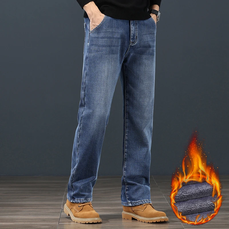Winter Fleece Men Jeans Classic Loose Straight Warm Thicken Trousers Business Casual Velvet Elastic Denim Pants Plus Size 42 44 2