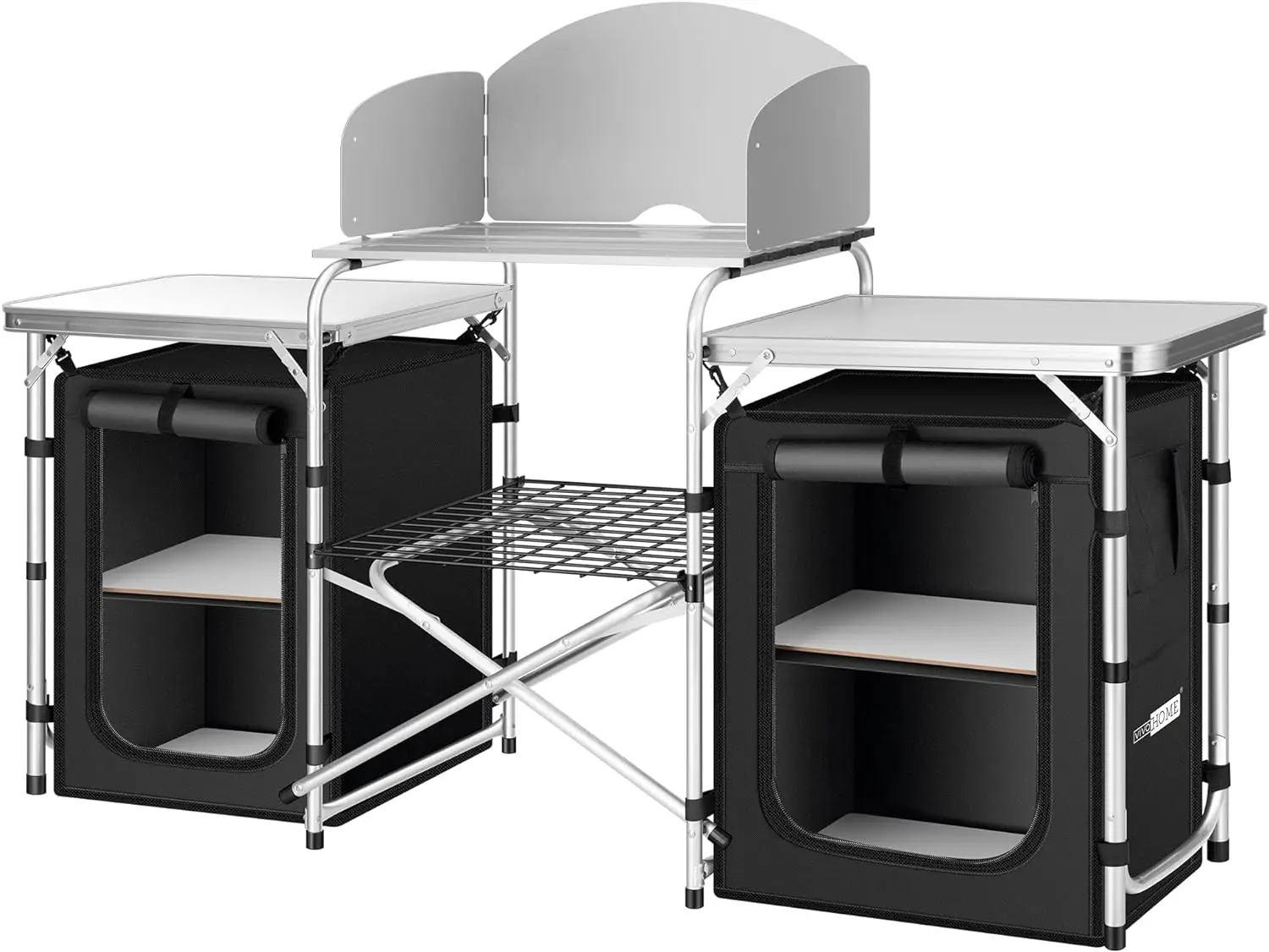 

Folding Camping Kitchen Table with Organizer, 2 Side Tables, Stainless Steel Windscreen, Outdoor Portable Cook Station for BBQ,