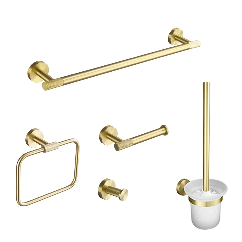 Brushed Gold Brass Knurling Bathroom Accessories Set Wall Mount Hand Towel Rack Toilet Paper Holder Robe Hook Hanger