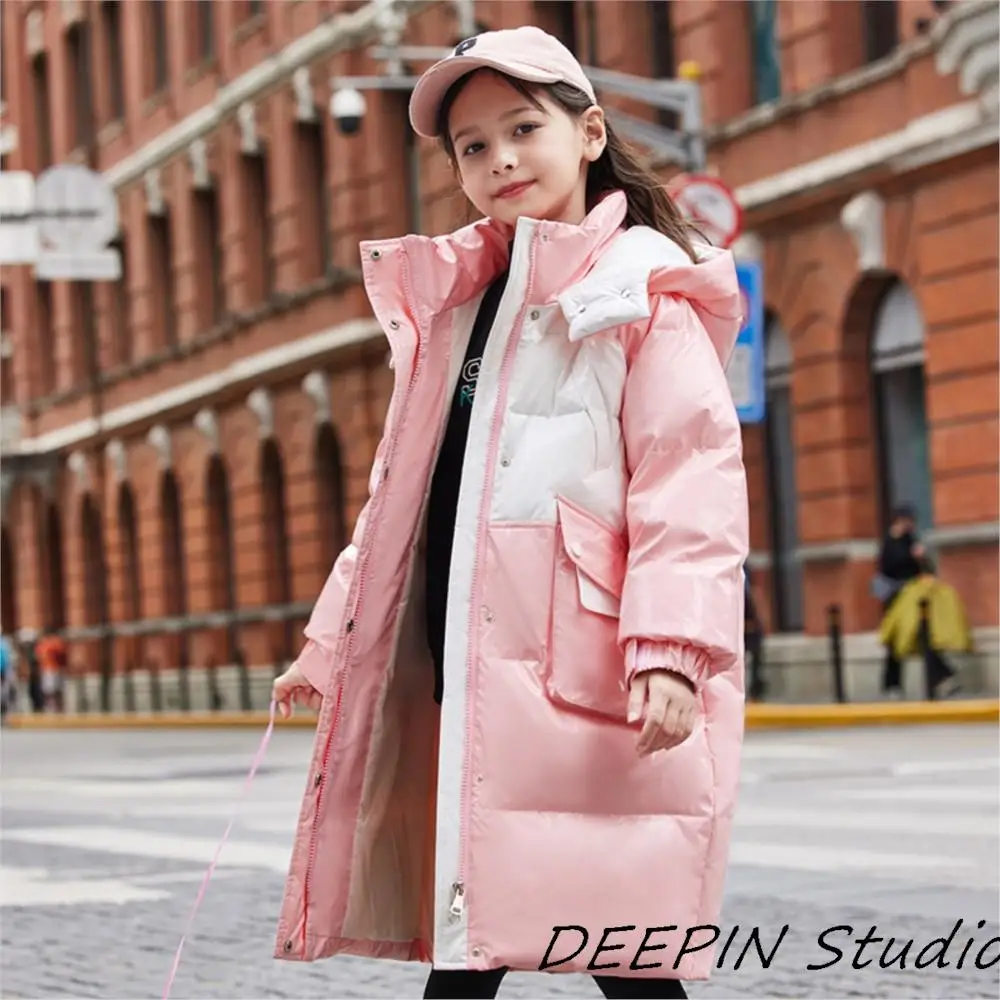 

2024 Glossy Winter Long Feather Coat Girls Parkas 90% White Duck Down Jacket Loose Clothes Children Shiny Puffer Snowsuit 4 -12Y