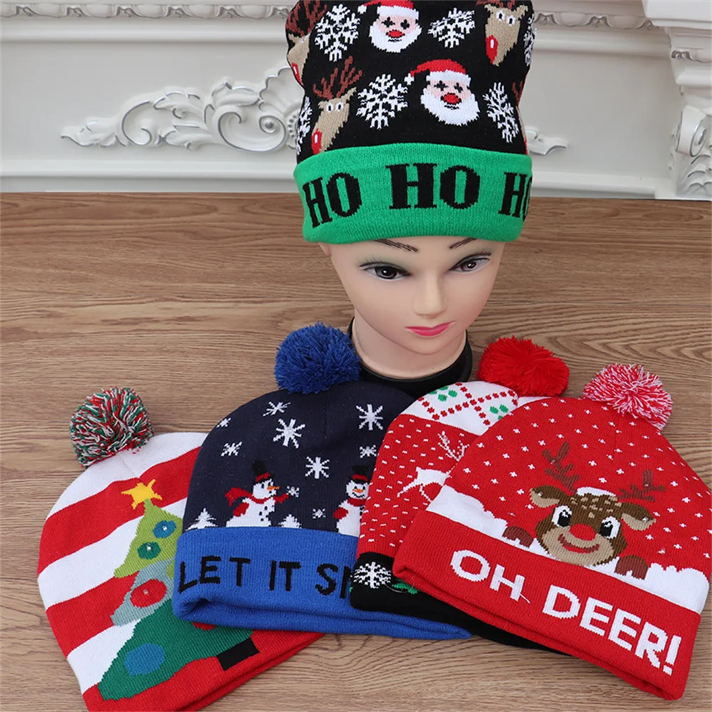 Christmas Hats Sweater Santa Elk Knitted Beanie Hat With LED Light Up Cartoon Pattern Xmas Gift For Kids New Year Supplies