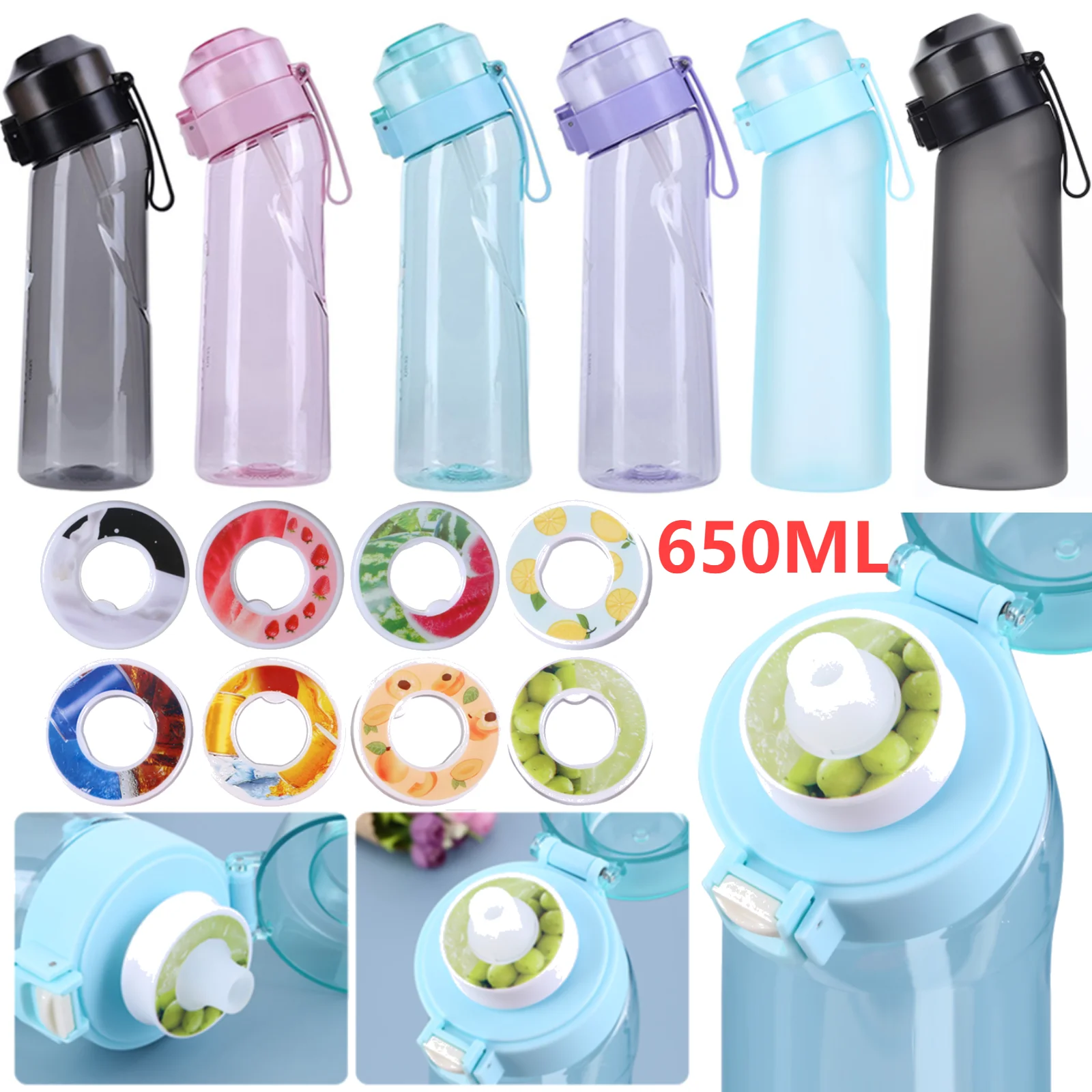650ML LeakProof Scent Flavored Water Bottle with 5 7 10Pcs Flavor Pods Air Water Up Bottle Portable for Travel Climbing Hiking