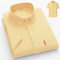 100% Cotton Basic Shirt for Men Short Sleeve Summer Casual Solid Business Oxford Yellow White Regular Fit Social Man Clothing 1