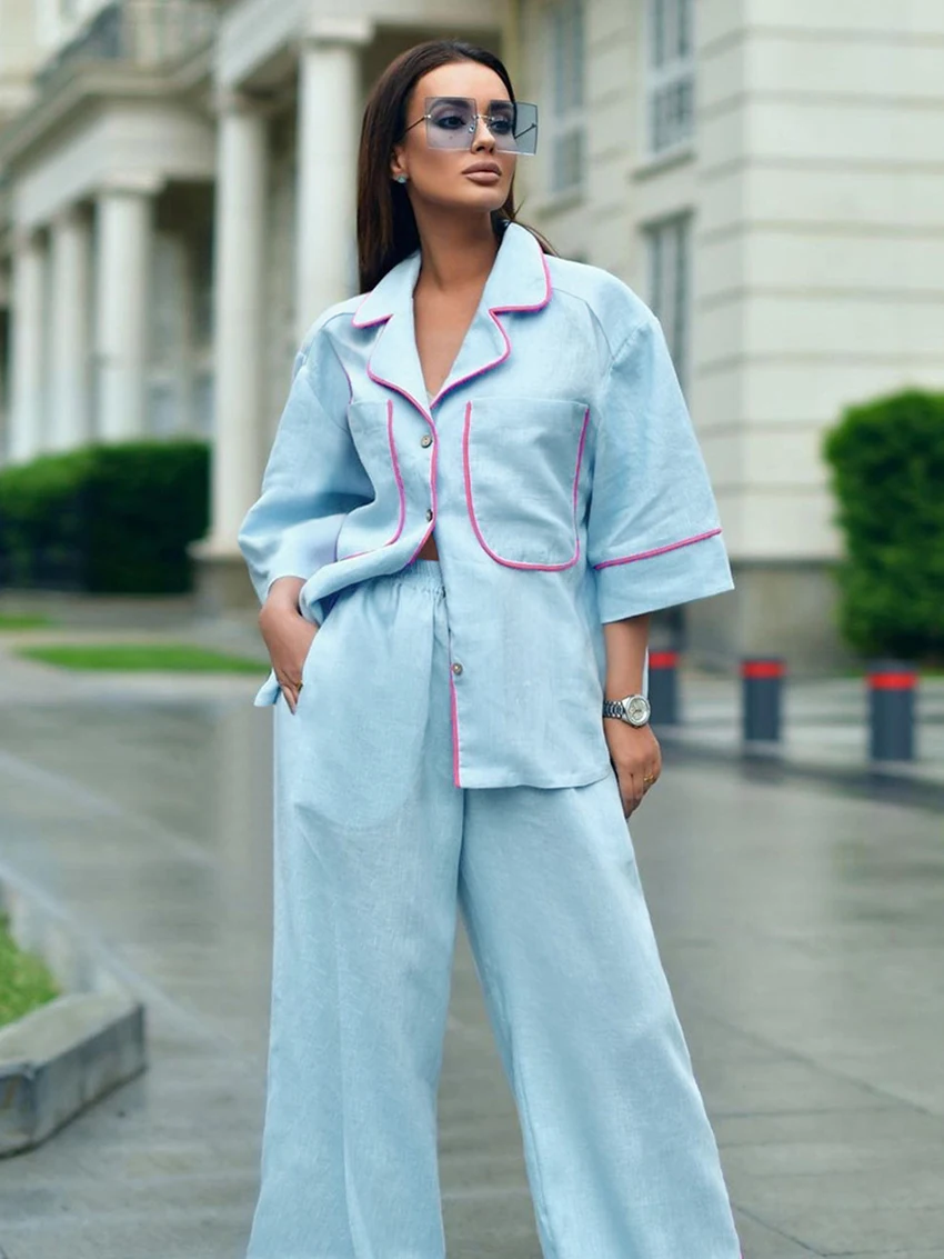 Marthaqiqi Cotton Ladies Sleepwear Suit Three Quarter sleeve Nightwear Turn-Down Collar Pajama Pants Casual Women Nightwear Set