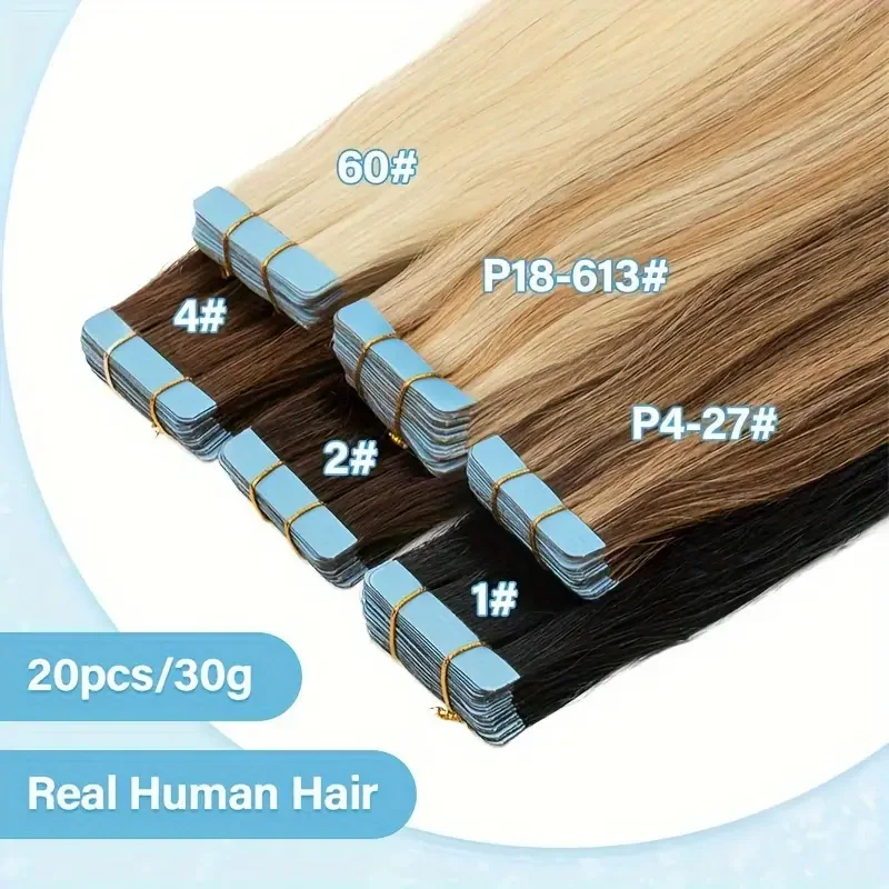 Human Hair Extensions Blonde Tape In 20pcs/pack Seamless Adhesive Tape Human Hair Pieces 12-20 inches Natural Straight