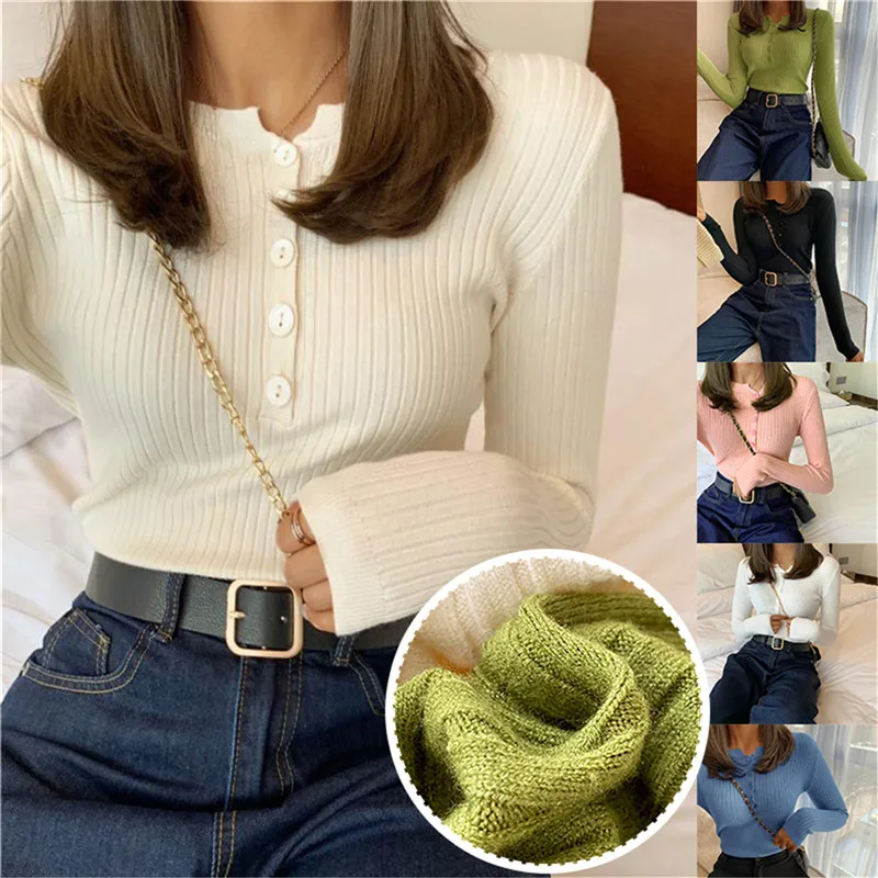 

Knitted Women Sweater Button O-Neck Pullovers Spring Autumn Basic Sweaters for Female Pullover Slim Solid Bold Stripes Tops