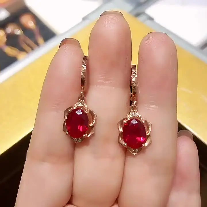 Orecchini Oro Rosa 14kt Con Rubino Naturale – Piccoli Fiori In Oro Massiccio 585, Pietra 0,38 Ct, Gioielli Per Donna - 4