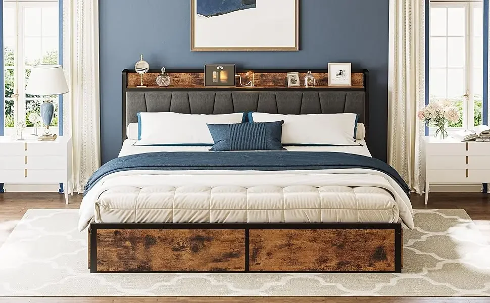 Description Picture 2 of itemCalifornia King Bed Frame with 4 Storage Drawers, Platform Bed with Charged Headboard, Sturdy and Stable,No Noise, No Box Spring