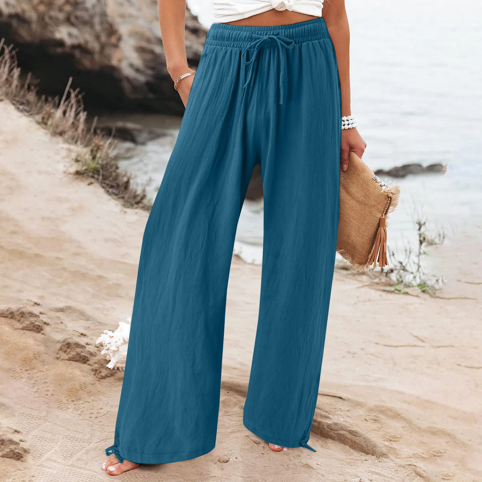 Women Loose Wide Leg Summer Pants Drawstring Beachwear