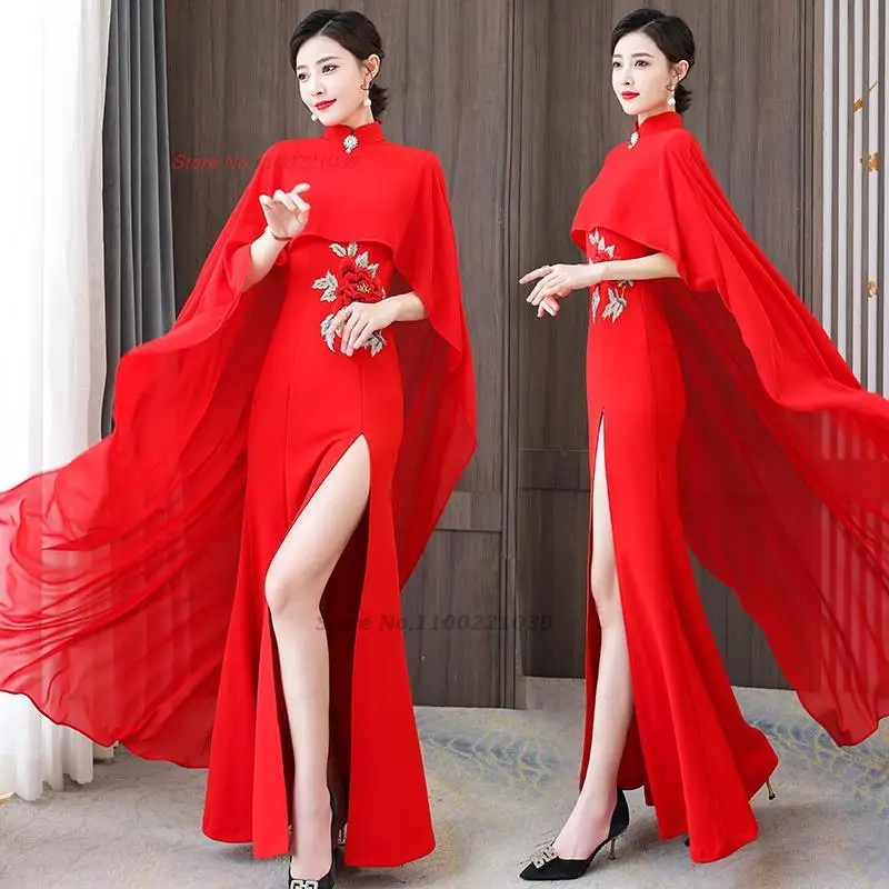 

2024 chinese vintage qipao vestido improved cheongsam national flower embroidery folk dress elegant party banquet dress vestido