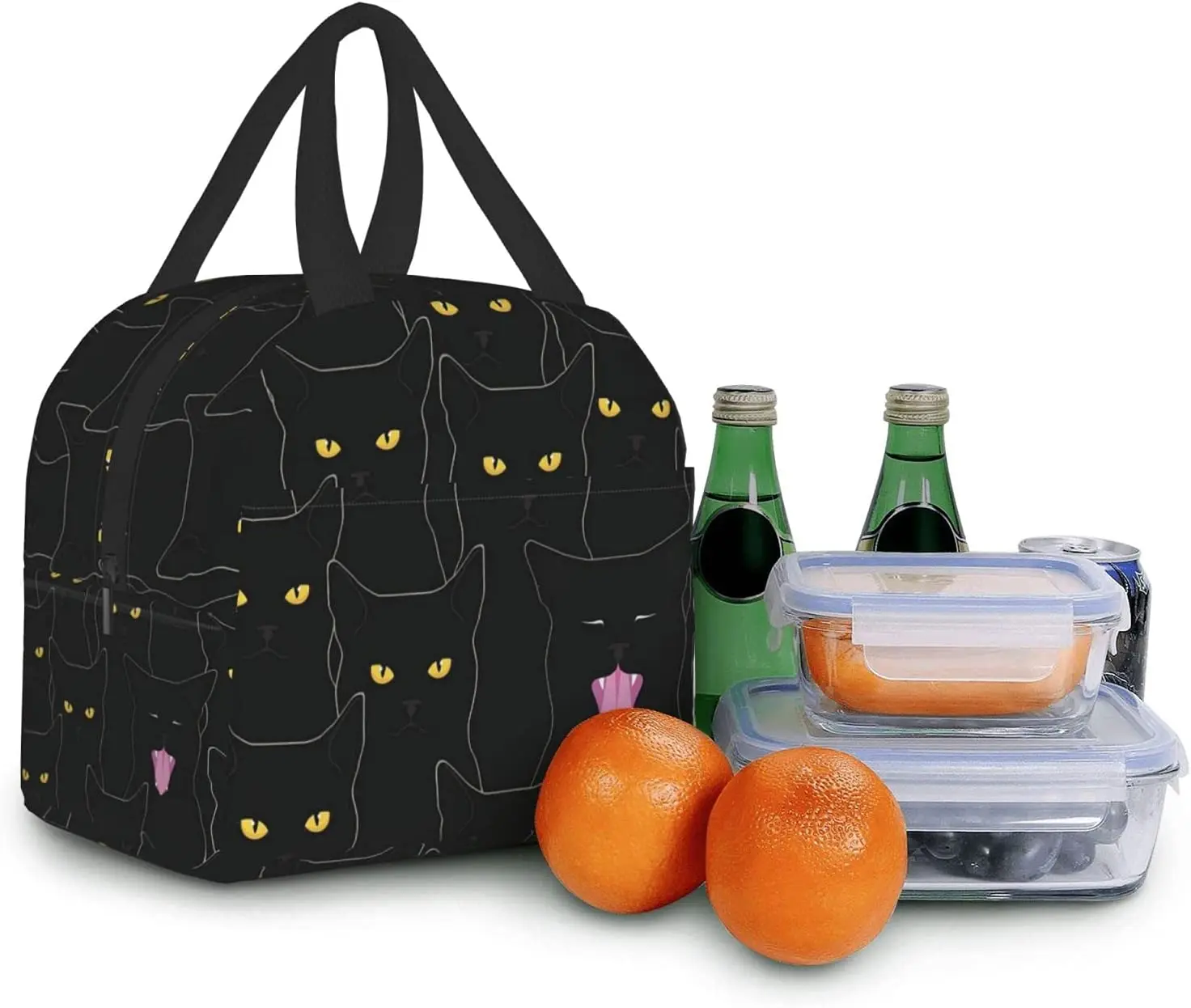 Black Cats Insulated Lunch Bag for Women Men Reusable Leakproof Tote Bag with Front Pockets Cooler Work Office Beach Hiking