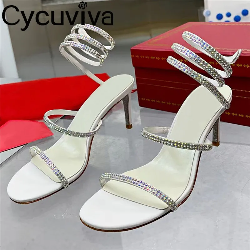 

Crystal Wedding Party Shoes Women Ankle Strap Sexy High Heel Shoes Summer Gladiator Strappy Sandals Runway Bride Shoes Mujer