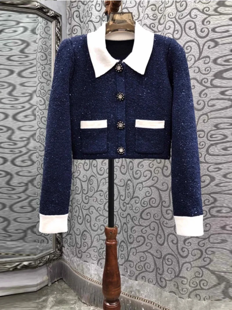 

New 2023 Autumn Winter Fashion Knitted Cardigan High Quality Wool Cotton Knitting Beading Button Long Sleeve Casual Blue Coats