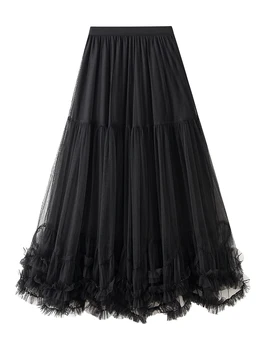 Women’s Tulle Long Skirts Elastic High Waist Ruffle Hem Tutu Skirts Fluffy A-line Midi Skirts 1