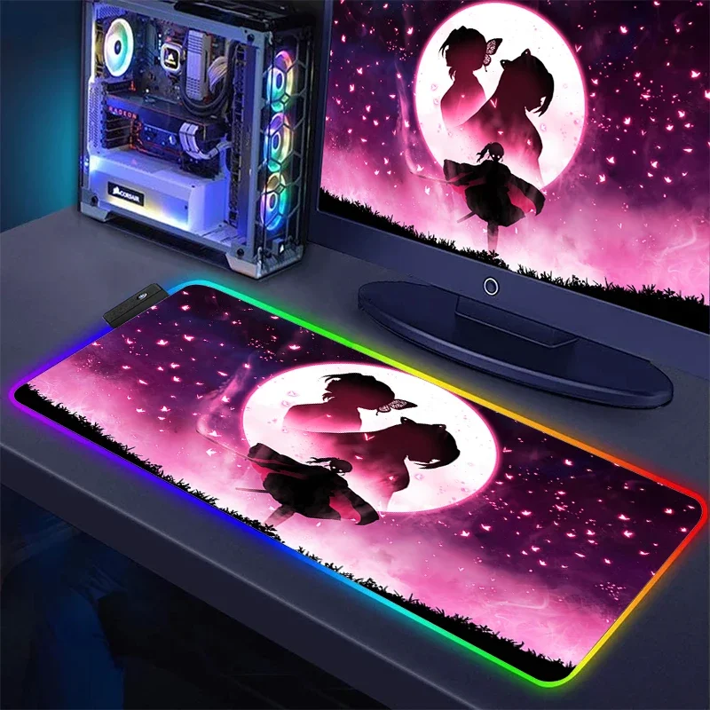 Anime Mouse Pad Kimetsu No Yaiba Mat Desk Rgb Carpet Gaming Mats Led Gamer Keyboard Backlit Cabinet Demon Slayer Pc Accessories