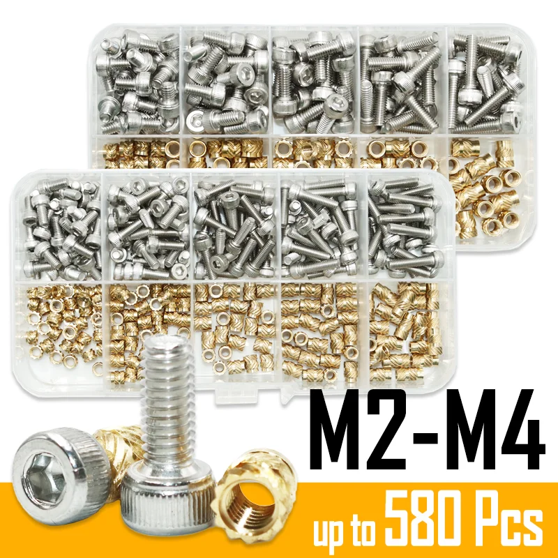 M2 M2.5 M3 M4 Brass Insert Nut and 304 Stainless Steel Hex Socket Head Cap Screw Set Hot Melt Knurl Embedment Copper Nuts Bolt screw bolt nut set