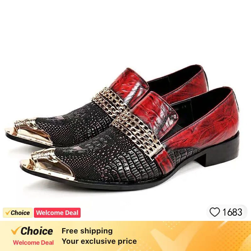 Fashion Italian Plus Size Men Dress Shoes Retro Genuine Leather Crocodile Grain Party Wedding Slippers Shoes Men italian mens dress shoes genuine leather oxfords men wedding shoes party formal shoes bullock shoes designers plus size shoes