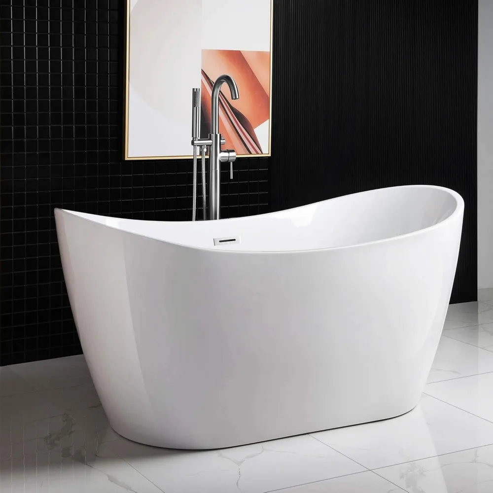 59" Acrylic Contemporary Soaking Tub with Chrome Overflow and Drain，Acrylic and Reinforced with Fiberglass，Freestanding Bathtub 4
