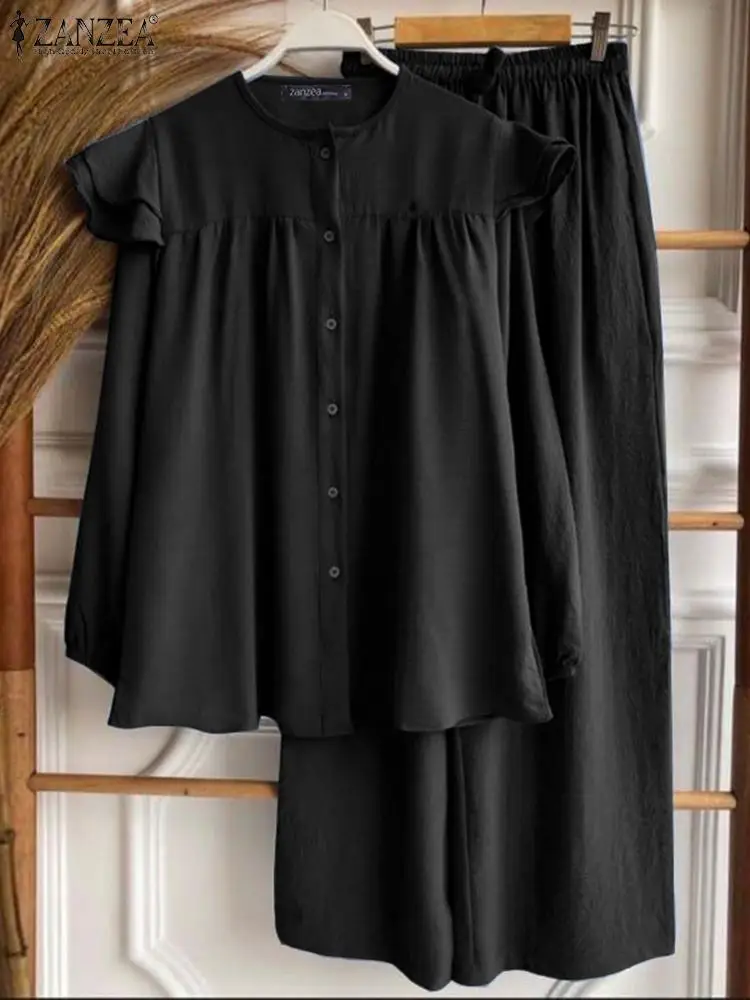 

Комплект Спортивный ZANZEA женский с длинным рукавом, модная блузка с оборками и брюки с широкими штанинами, элегантный офисный комплект из 2 предметов, на осень