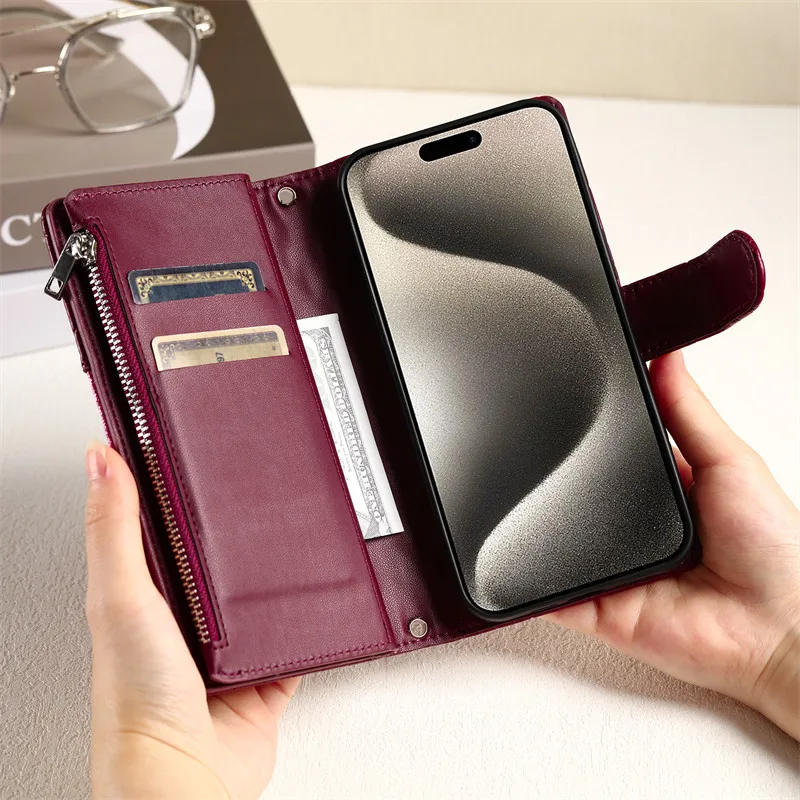 Elegant Long Lanyard Zipper Wallet Phone Case with Flip Leather Cover