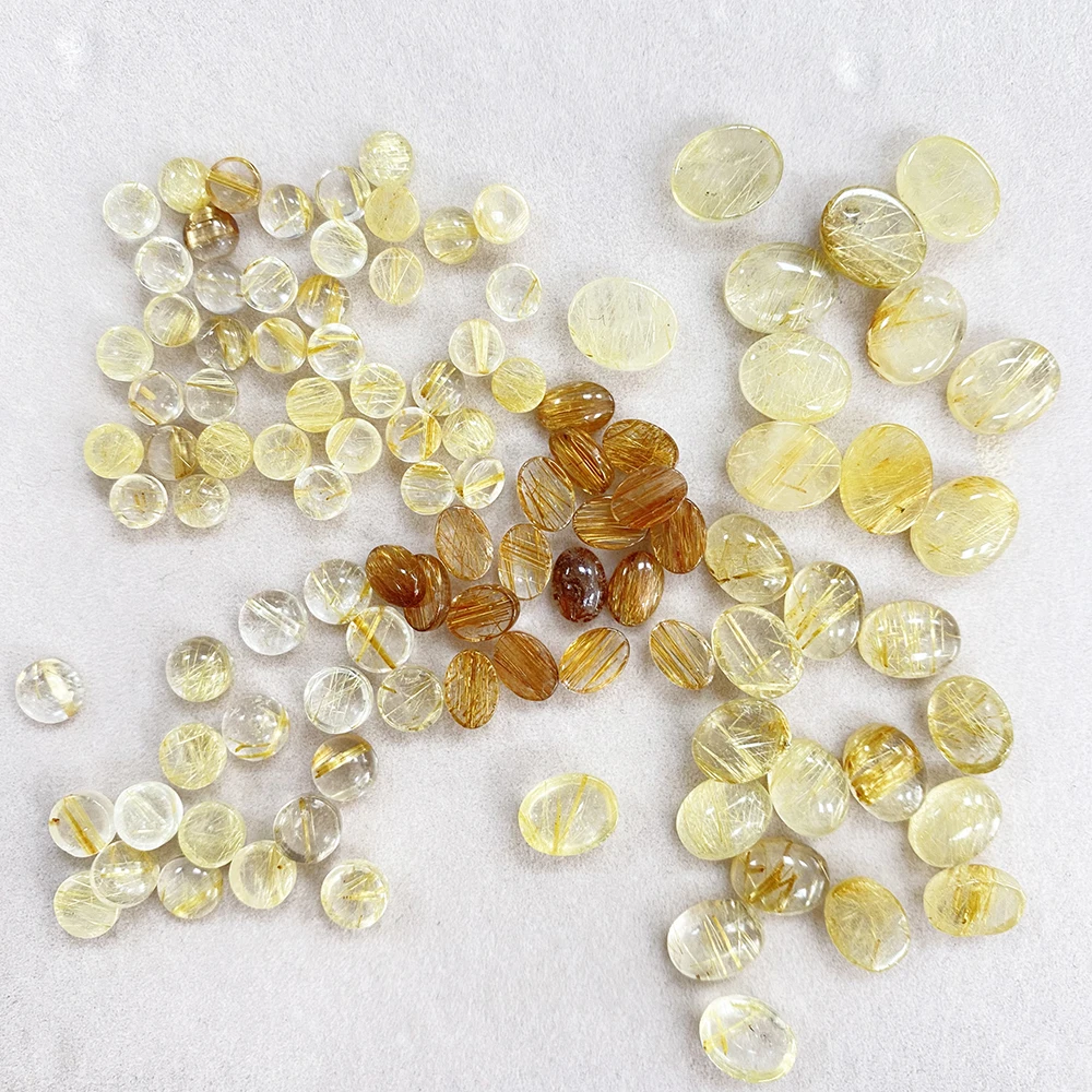 Factory Natural Rutilated Quartz Oval Cabochons Golden Needle Gemstone for Earring Ring Jewelry Making