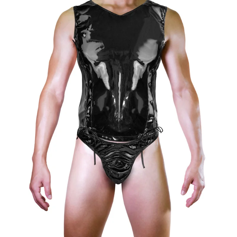 

Комплект сексуальной мужской одежды из искусственной кожи, блестящие топы со шнуровкой сбоку, Клубные пикантные трусы, стринги, нижнее белье