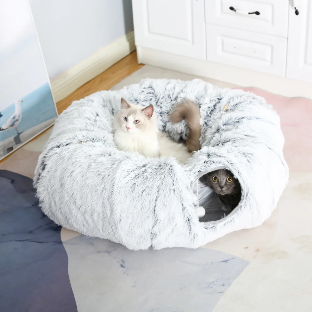Warm Plush Foldable Cat Tunnel Bed Round Cat Cushion Tunnel Plush