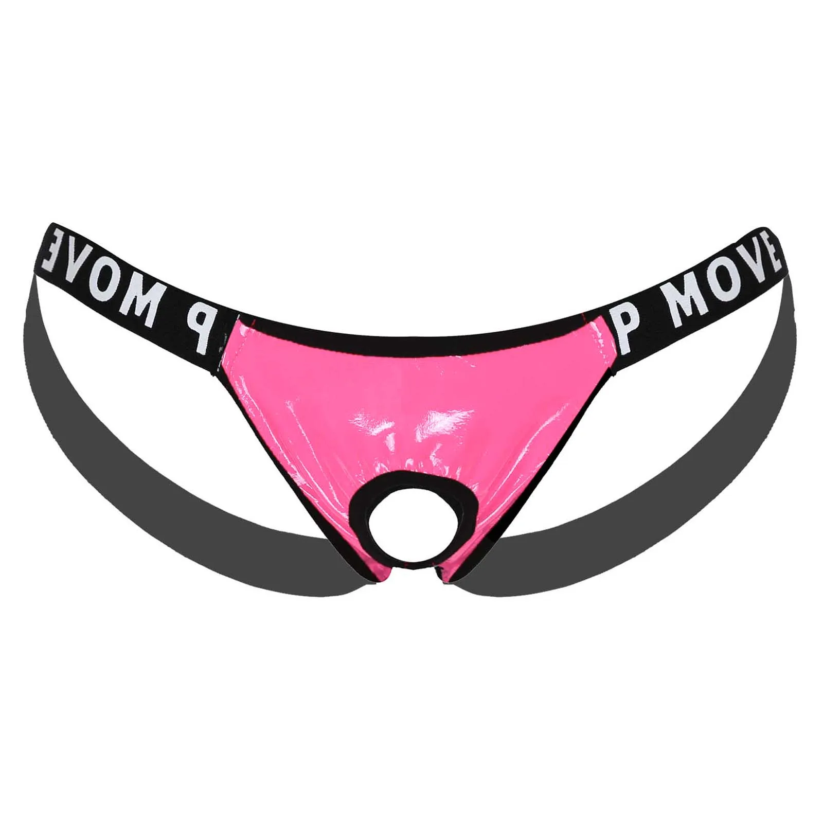 

Sexy Men Patent Leather Lingerie Hollow Out Bulge Pouch Panties Jockstrap Erotic T-Back Letter Print Waistband Thongs Underwear