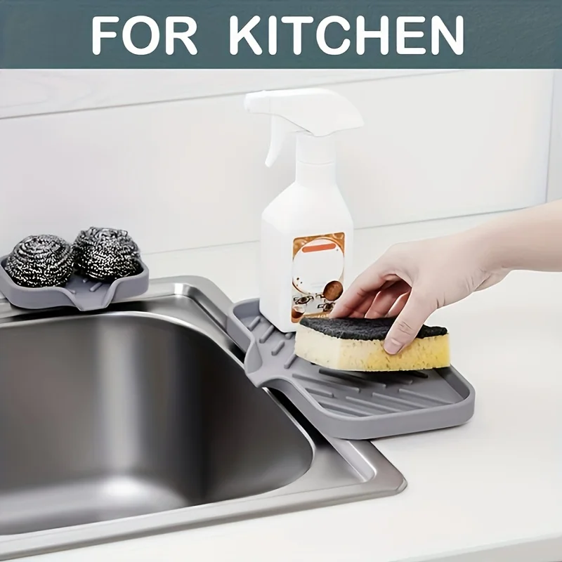 Silicone Kitchen Sink Tray Soap Dish Holder with Drain Tip Countertop Sink Scrubber Drain Pad for Sponge Kitchen Bathroom Tools 6