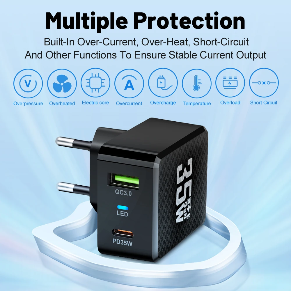 35W GaN USB Fast Charging Type C PD Charger Quick Charge Mobile Phone Power Adapter For iPhone 15 Pro Max Xiaomi Samsung Charger