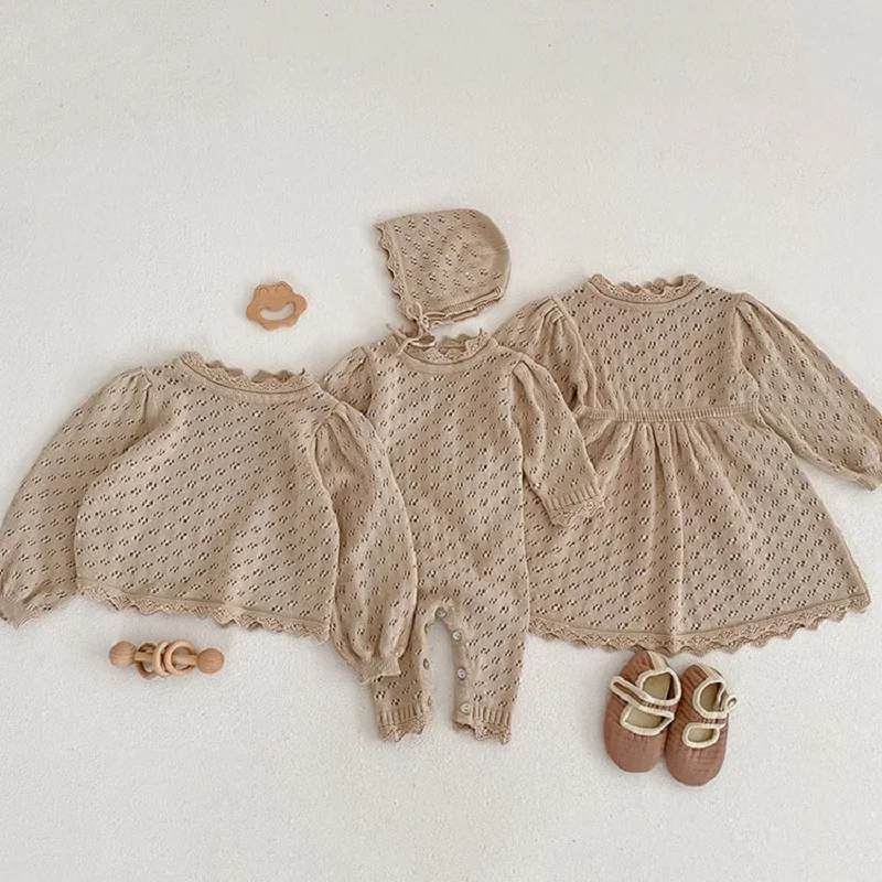 

Baby Sister Clothes Newborn Baby Girls Solid Hollow Out Knit Rompers Korean Kid Girl Dress Bubble Sleeve Top Baby Outfits Sets