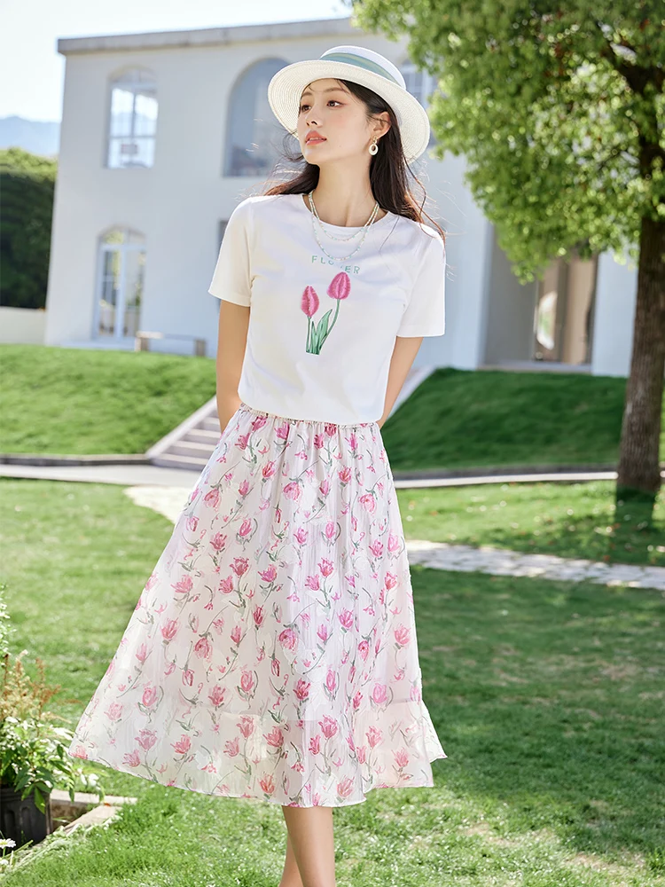 Vimly Summer Two Piece Skirt Sets for Women 2023 Outfits Floral Printing Midi Skirt Cotton White T-Shirts New In Matching Sets vimly french solid white shirts