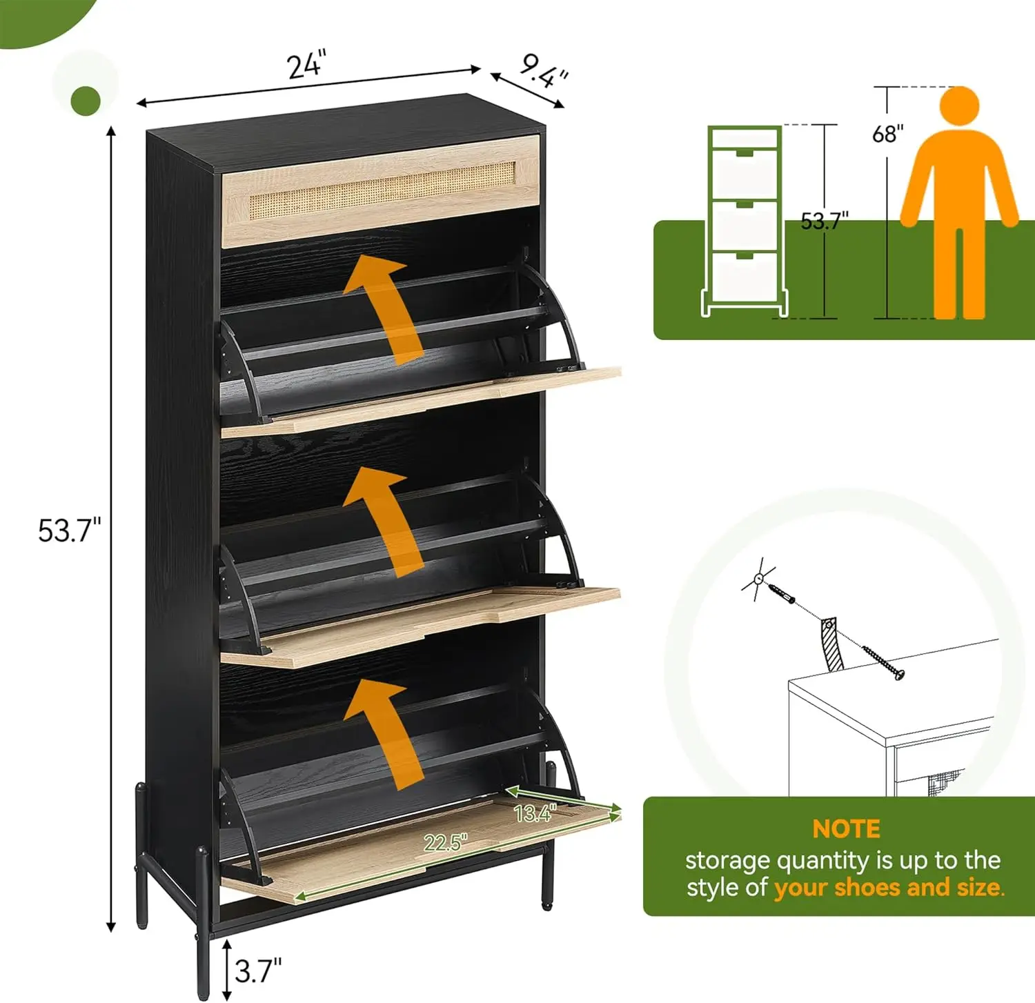 GAOMON Rattan Shoe Storage Cabinet with 3 Flip Door and 1 Drawer, Freestanding Shoe Organizer Rack for Entryway, Hidden Shoe 2