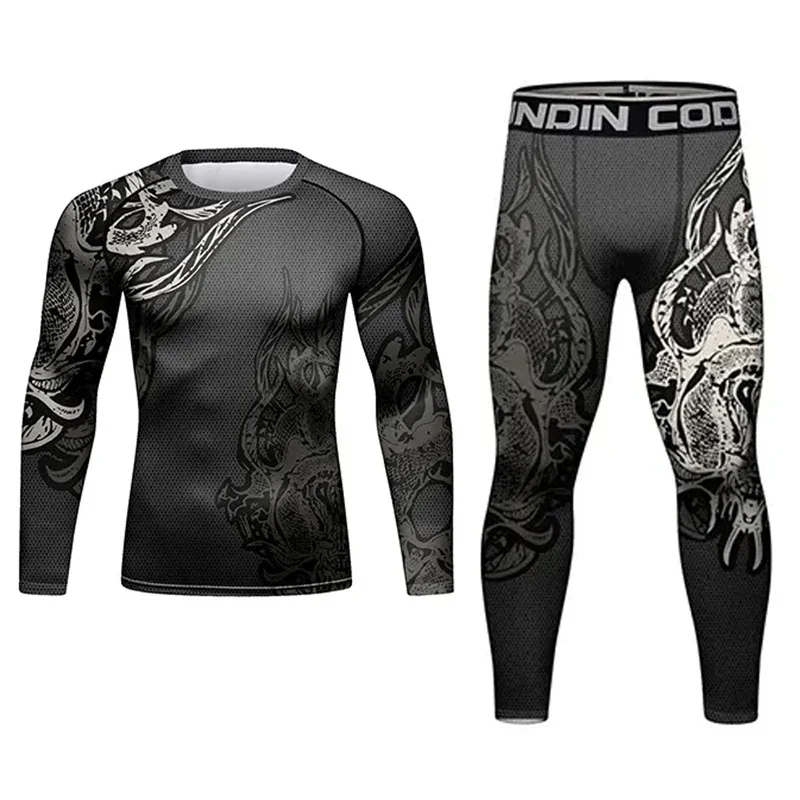 Men Fitness MMA Compression Fight Training T-shirt + Pants Set Sports Boxing Wrestling Jiu Jitsu Rashguard Tight Shorts,Sports Apparel,Mens T Shirt