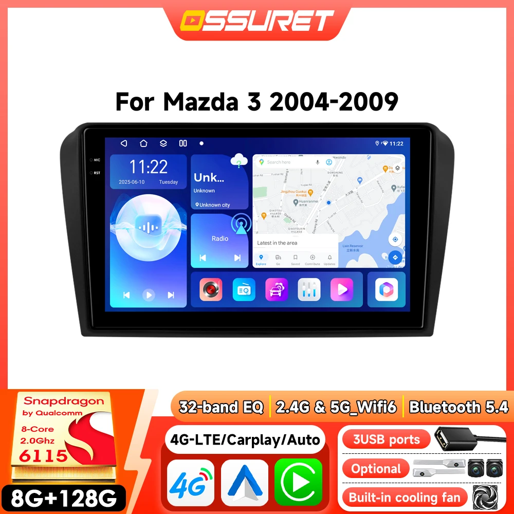Radio para Auto Android 8G 128G para Mazda 3 2004-2009, Reproductor Multimedia, GPS, CarPlay Inalámbrico, 4G, Autoradio con Snapdragon 6115, Cámara 360° 1