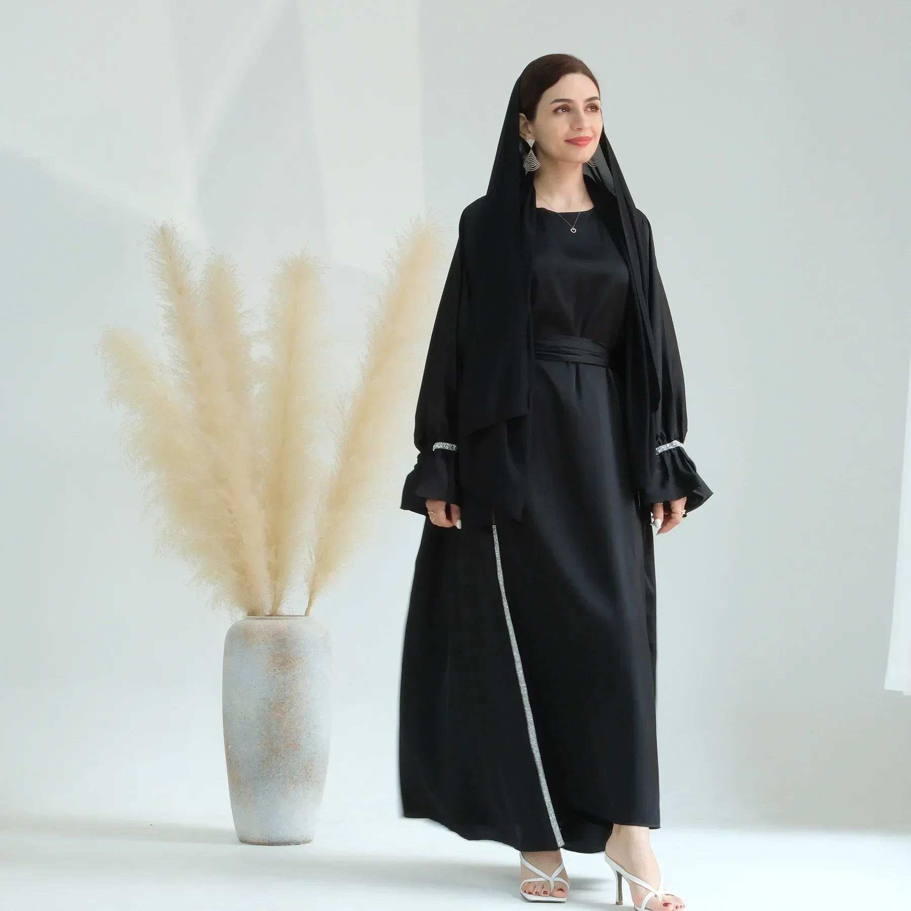 2 Piece Satin Abaya Set Muslim Open Abayas for Women Dubai Elegant Turkey Kimono + Inner Dress African Islamic Matching Outfit